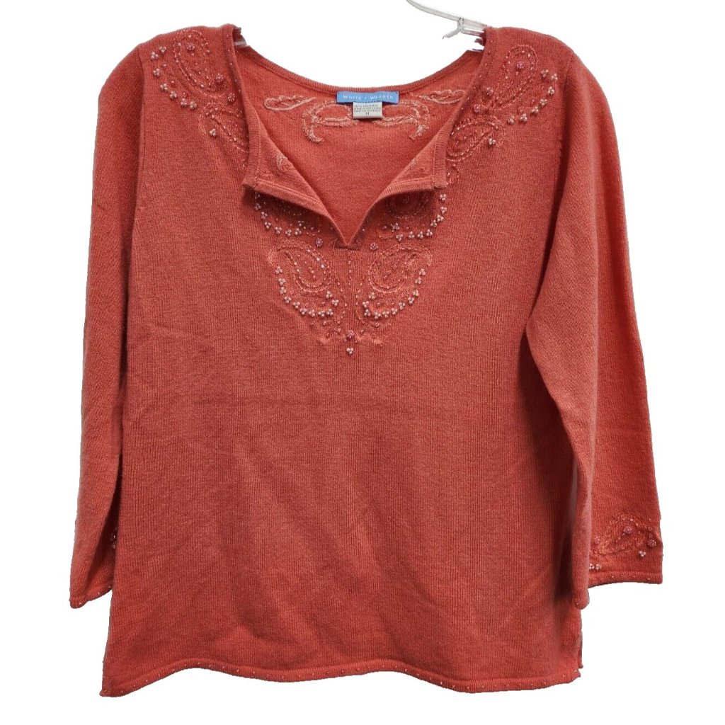 White + Warren Womens Cashmere Sweater Medium Coral Beaded 3/4 Sleeve Pullover